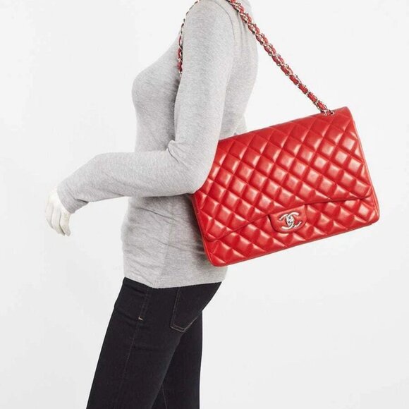 Chanel Red Quilted Lambskin Leather Classic Maxi Double Flap Bag - Picture 2 of 10